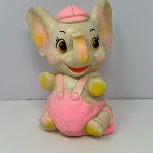 Vintage Sanitoy Bank Baby Elephant Piggy Bank Girl in Pink Overalls USA O6
